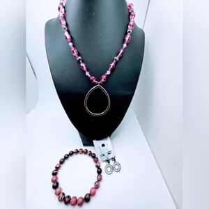 Pink Set beaded gun metal pendant necklace Rhodonite Bracelet Gun metal Earrings